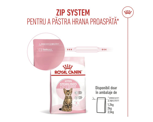 Hrană Royal Canin Kitten Sterilised cu sistem zip pentru a păstra hrana proaspătă și Royal Canin Logo.