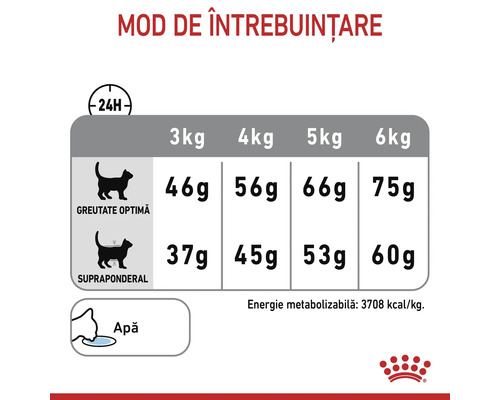 Ghid de hrănire pentru pisici cu doze zilnice în grame în funcție de greutatea și condiția fizică a pisicii. Royal Canin Logo.