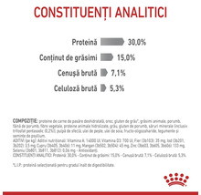 Constituenți analitici: 30,0 la sută proteină, 15,0 la sută conținut de grăsimi, 7,1 la sută cenușă brută, 5,3 la sută celuloză brută. Royal Canin Logo.