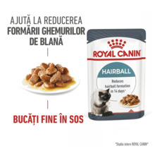 Hrană umedă Royal Canin Hairball pentru pisici, bucăți fine în sos, ajută la reducerea ghemurilor de blană. Royal Canin Logo.