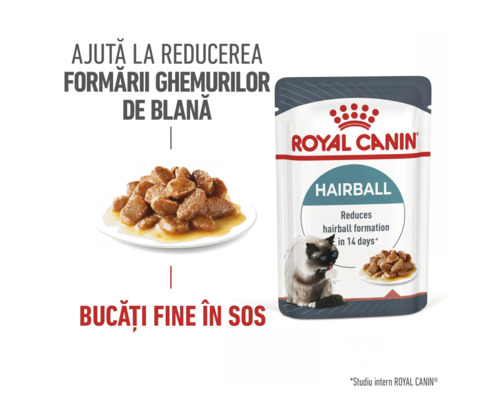 Hrană umedă Royal Canin Hairball pentru pisici, bucăți fine în sos, ajută la reducerea ghemurilor de blană. Royal Canin Logo.