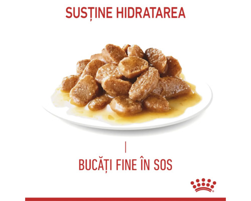 Hrană umedă pentru pisici cu bucăți fine în sos pentru susținerea hidratării, Royal Canin Logo.