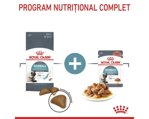 Set Royal Canin Hairball Care cu hrană uscată și umedă pentru pisici pentru reducerea ghemelor de blană.