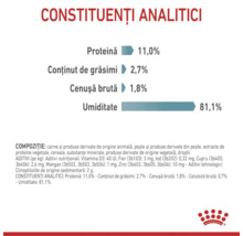 Constituenți analitici: proteină 11 la sută, grăsimi 2,7 la sută, cenușă brută 1,8 la sută, umiditate 81,1 la sută. Royal Canin Logo.