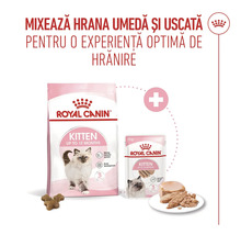 Mix de hrană uscată și umedă Royal Canin Kitten pentru pisoi de până la 12 luni pentru o experiență de hrănire optimă.