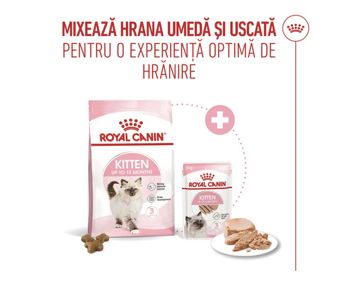 Mix de hrană uscată și umedă Royal Canin Kitten pentru pisoi de până la 12 luni pentru o experiență de hrănire optimă.