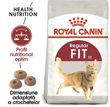 Sac de hrană pentru pisici Royal Canin Regular Fit 32, Royal Canin Logo, imaginea unei pisici, crochete în formă de inel și profil nutrițional optim.