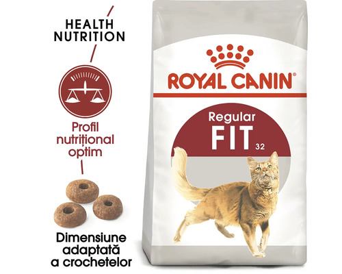 Sac de hrană pentru pisici Royal Canin Regular Fit 32, Royal Canin Logo, imaginea unei pisici, crochete în formă de inel și profil nutrițional optim.