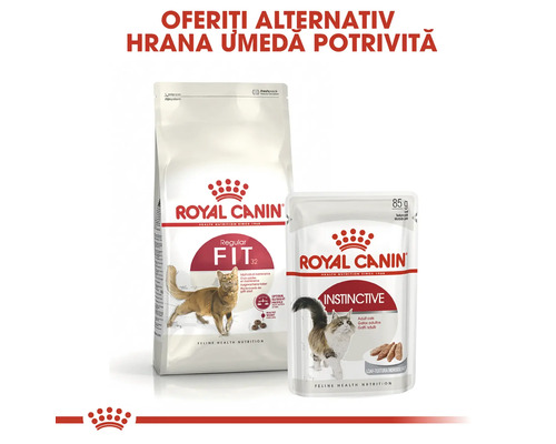 Pachet de hrană uscată Royal Canin Fit 32 și pliculeț de hrană umedă Royal Canin Instinctive pentru pisici adulte.