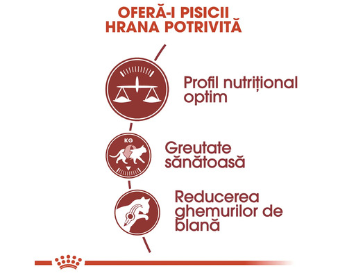 Profil nutrițional optim, greutate sănătoasă și reducerea ghemurilor de blană. Logo Royal Canin.