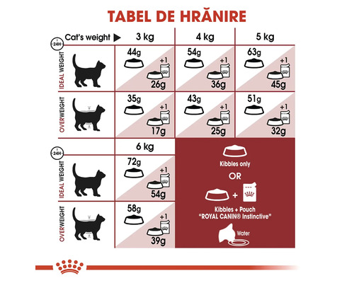 Tabel de hrănire Royal Canin cu porții în grame pentru greutate ideală și supraponderalitate la pisici de 3 până la 6 kilograme. Royal Canin Logo.