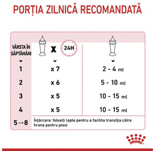 Tabel de hrănire pentru pisoi cu recomandări privind vârsta în săptămâni, numărul de mese la 24 ore și cantitatea în mililitri. Royal Canin Logo.