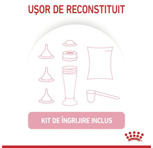 Kit de hrănire pentru animale cu biberon, trei tetine, lingură dozatoare și plic, ușor de reconstituit, set de îngrijire inclus. Logo Royal Canin.