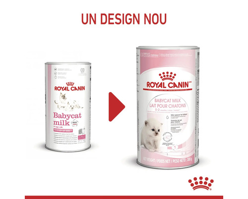Lapte pentru pui de pisică Royal Canin Babycat Milk, comparație între designul vechi și cel nou al ambalajului.