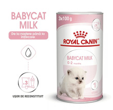 Royal Canin Logo, lapte praf Babycat Milk pentru pui de pisică de la zero la două luni, cutie cu trei plicuri de o sută de grame, accesorii.