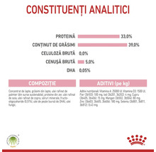 Informații nutriționale: constituenți analitici, compoziție și aditivi. Logo Royal Canin și logo pentru ulei de palmier sustenabil.