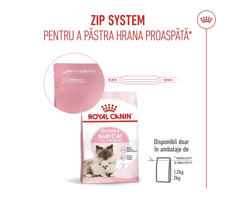 Royal Canin Logo. Hrană pentru pisici Royal Canin Mother & Babycat cu sistem zip pentru prospețime.