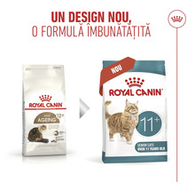Compararea designului vechi și nou al ambalajului pentru hrana pentru pisici Royal Canin Senior pentru pisici peste 11 sau 12 ani.