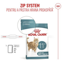 Hrană Royal Canin pentru pisici de peste 11 ani cu sistem zip pentru a păstra hrana proaspătă. Royal Canin Logo.