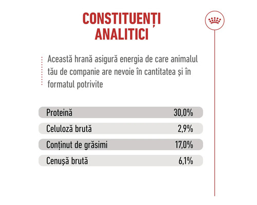 Constituenți analitici: Proteină 30 la sută, Celuloză brută 2,9 la sută, Grăsimi 17 la sută, Cenușă brută 6,1 la sută. Royal Canin Logo.