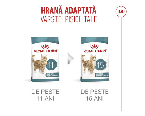 Hrană Royal Canin pentru pisici senioare, adaptată vârstei de peste 11 ani și peste 15 ani. Logo Royal Canin.