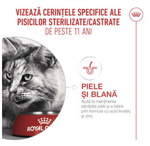 Hrană Royal Canin pentru pisici sterilizate de peste 11 ani, susține pielea și blana cu acid linoleic și zinc. Royal Canin Logo.