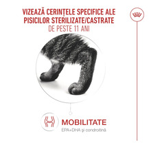 Logo Royal Canin, susținerea mobilității articulațiilor cu EPA plus DHA și condroitină pentru pisici sterilizate de peste 11 ani.