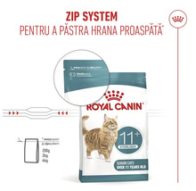Hrană pentru pisici senioare sterilizate peste 11 ani cu easyopen și sistem zip pentru păstrarea prospețimii. Royal Canin Logo.