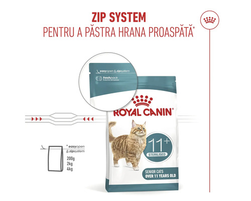 Hrană pentru pisici senioare sterilizate peste 11 ani cu easyopen și sistem zip pentru păstrarea prospețimii. Royal Canin Logo.