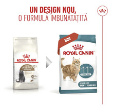 Logo Royal Canin. Comparație între vechiul și noul design al ambalajului pentru hrana pentru pisici Royal Canin Senior 11 plus Sterilised.