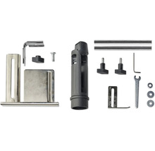 Set de accesorii pentru scule electrice cu ghidaje metalice, carcasă din plastic, șuruburi de fixare, șaibe și unelte de reglare.