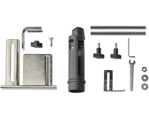 Set de accesorii pentru scule electrice cu ghidaje metalice, carcasă din plastic, șuruburi de fixare, șaibe și unelte de reglare.