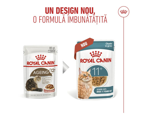 Comparare ambalaj Royal Canin hrană pisici senioare, design vechi peste 12 ani și design nou peste 11 ani în sos, Royal Canin Logo.