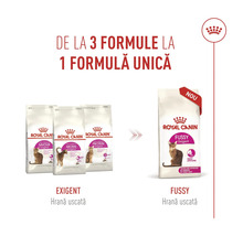 Royal Canin Logo și infografic despre trecerea de la trei variante de hrană uscată Exigent la o singură formulă Fussy.