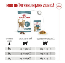 Recomandări de hrănire Royal Canin pentru pisici peste 11 ani cu porții în grame în funcție de greutatea în kilograme și condiția fizică.