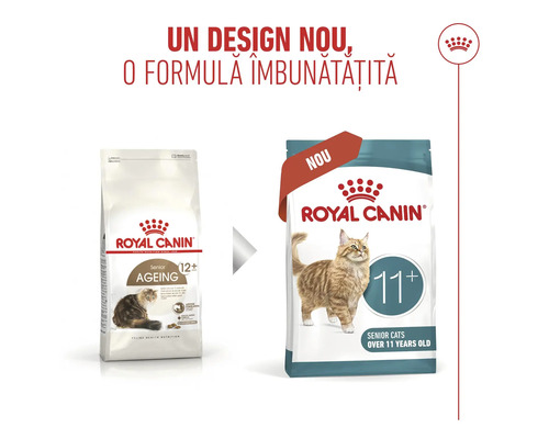 Schimbare de ambalaj Royal Canin Senior de la Ageing 12 plus la 11 plus cu design nou și formulă îmbunătățită.