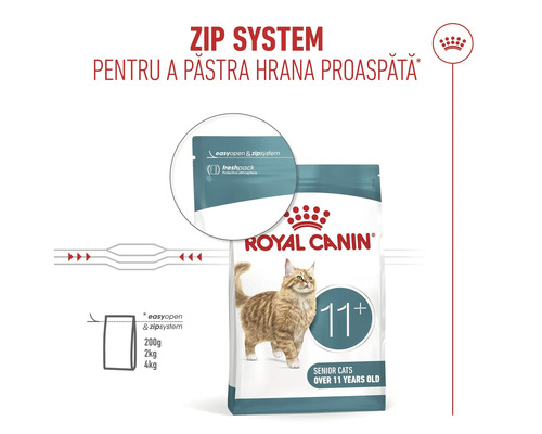 Royal Canin Logo, hrană pentru pisici Senior 11 plus cu sistem zip pentru a păstra hrana proaspătă.