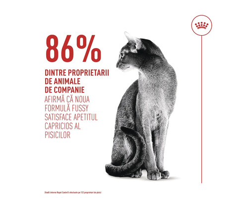 Pisică așezată, Royal Canin Logo. 86 la sută dintre proprietari afirmă că hrana pentru pisici Fussy satisface apetitul capricios al pisicilor.