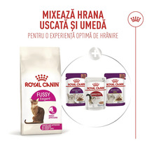 Royal Canin Logo. Hrană uscată Fussy Exigent combinată cu hrană umedă Sensory și Instinctive pentru hrănire optimă.