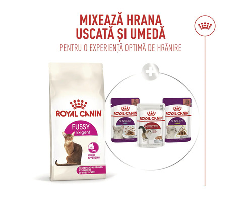 Royal Canin Logo. Hrană uscată Fussy Exigent combinată cu hrană umedă Sensory și Instinctive pentru hrănire optimă.