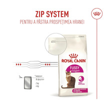 Royal Canin Logo, hrană pentru pisici Royal Canin Fussy Exigent cu sistem zip resigilabil pentru păstrarea prospețimii.