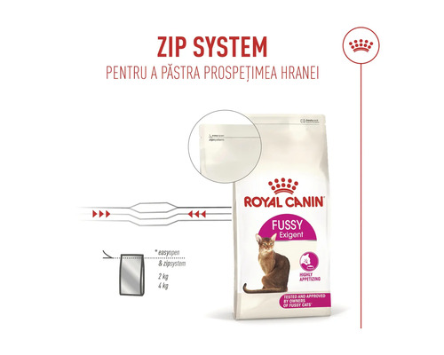 Royal Canin Logo, hrană pentru pisici Royal Canin Fussy Exigent cu sistem zip resigilabil pentru păstrarea prospețimii.