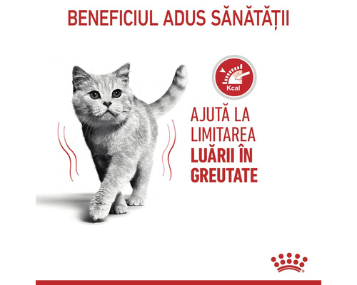 Pisică lângă simbol pentru controlul caloriilor cu text despre limitarea luării în greutate și Royal Canin Logo.