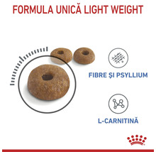 Boabe de hrană Royal Canin în formă de inel pentru controlul greutății, cu fibre, psyllium și L-carnitină.
