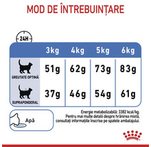 Recomandări de hrănire pe 24 de ore pentru pisici în funcție de greutate de la 3 la 6 kilograme și condiție fizică, Royal Canin Logo.
