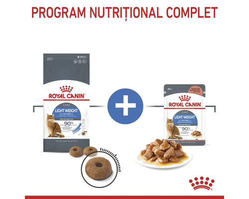 Combinație de hrană uscată și umedă Royal Canin Light Weight Care pentru pisici pentru controlul greutății.