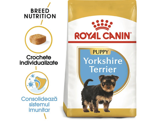 Hrană uscată Royal Canin pentru căței Yorkshire Terrier, crochete individualizate pentru consolidarea sistemului imunitar.
