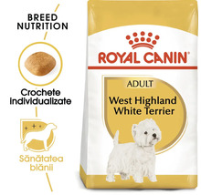 Logo Royal Canin, hrană pentru câini adulți West Highland White Terrier, nutriție specifică rasei, crochete individualizate, sănătatea blănii.