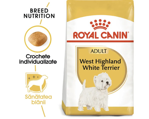 Logo Royal Canin, hrană pentru câini adulți West Highland White Terrier, nutriție specifică rasei, crochete individualizate, sănătatea blănii.