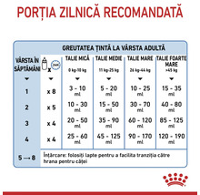Tabel cu porțiile zilnice recomandate pentru căței, în funcție de vârstă în săptămâni și greutatea la vârsta adultă. Royal Canin Logo.